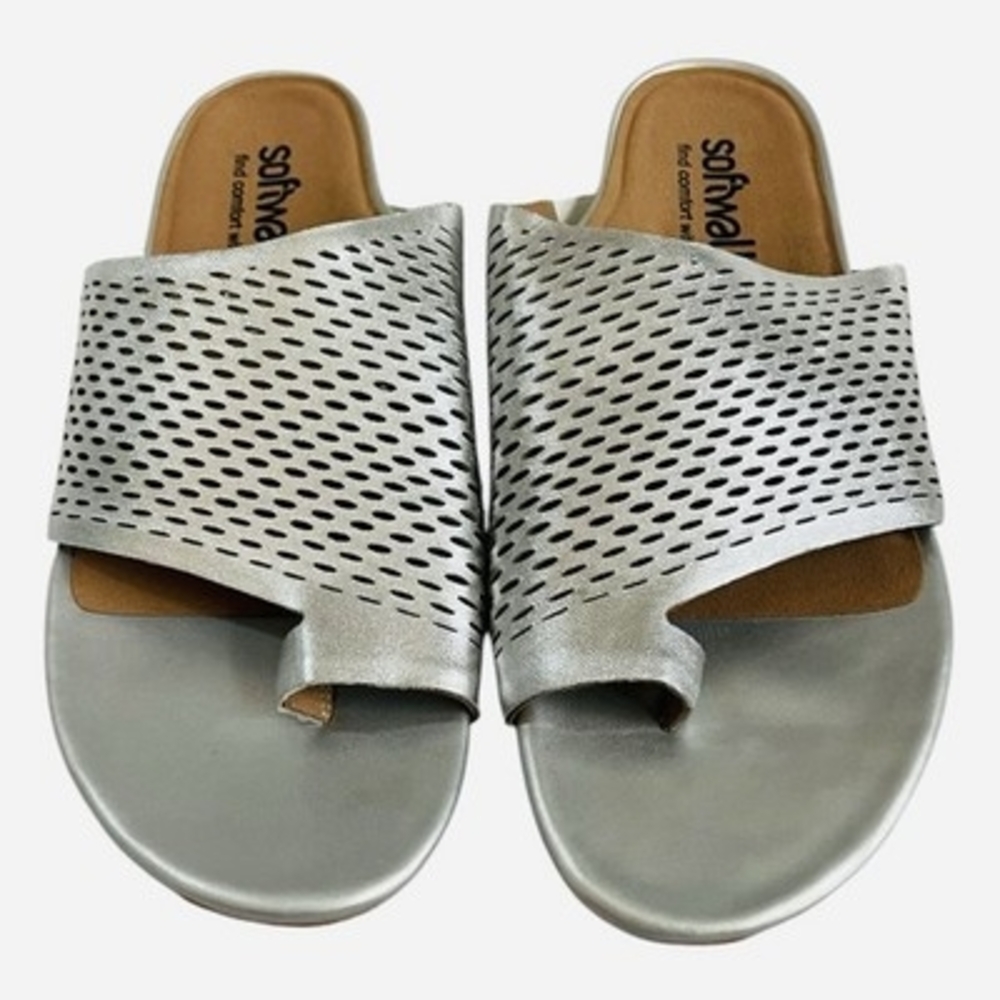 SoftWalk Corsica II Silver Metallic Leather Perforated Toe Loop Flat Sandal 9.5M - Picture 4 of 6